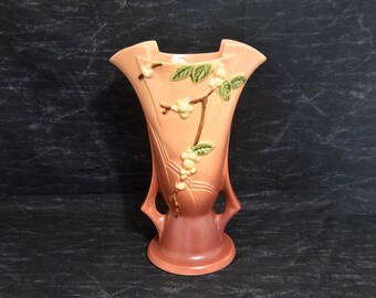 Large Roseville Snowberry Vase IV2-12 Pink to Brown Tones. Tall Roseville Art Pottery Vase. Roseville Dusty Rose Snowberry. Roseville Vase.