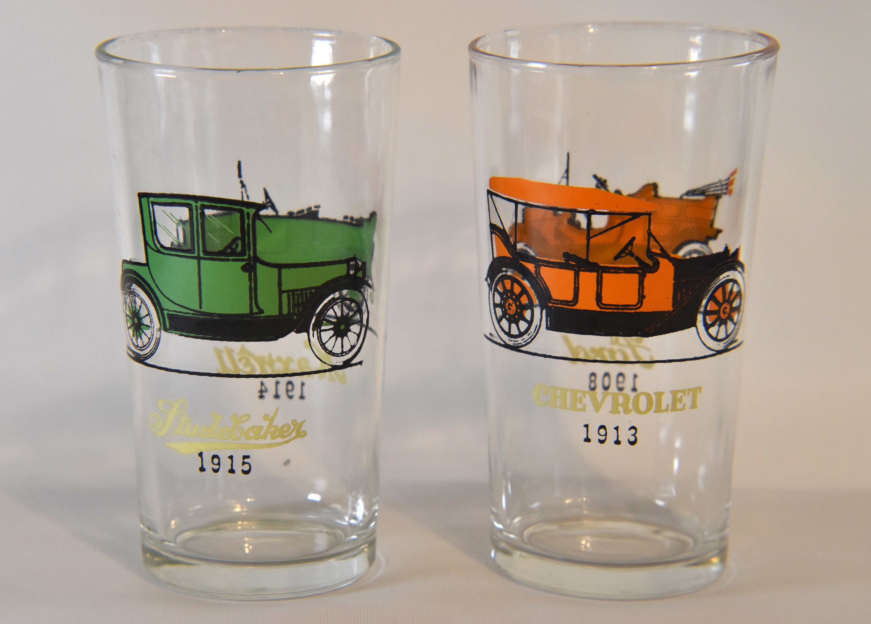 Two Vintage Antique Car Drinking Glasses Possibly Hazel Atlas. Vintage