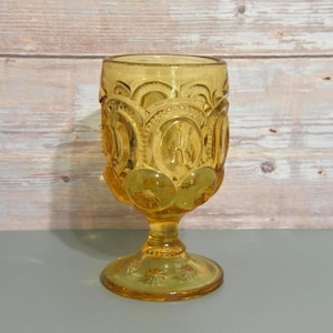 One Amber Moon and Star Water Goblet Possibly by L.E. Smith. Moon and Stars Pattern Pressed Glass. Mid Century Vintage Amber Glass.