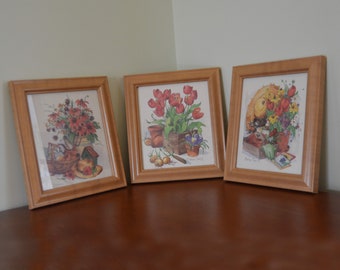 Set of Three Barbara Mock Art Garden Prints. Framed Pictures of Garden Floral Scenes. Three Framed Pictures of Flowers by Barbara Mock.