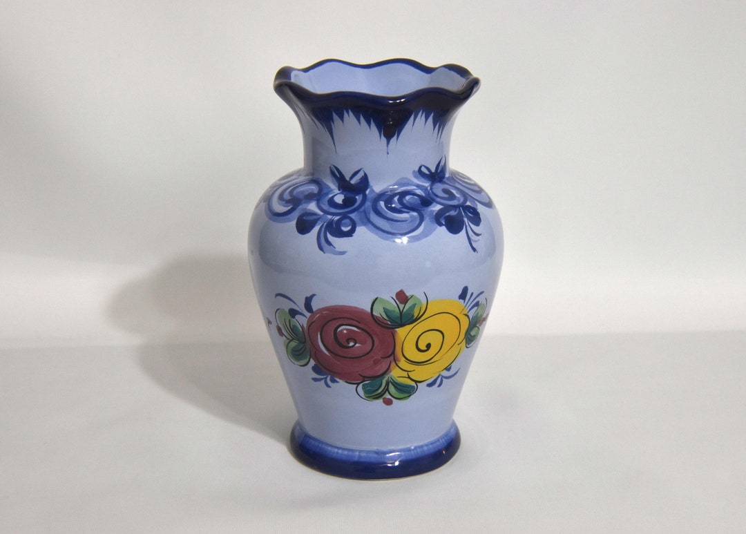 Blue Pottery Vase Made in Portugal Marked 397 Hand Painted With Red and