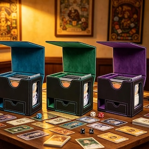 Black Purple PU Card Storage Box with Display Window, Dice Drawer & Suede Lining Double Slots, for MTG, TCG