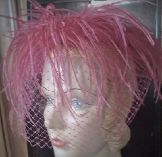 vintage 1950s hot pink ostrich fascinator hat veil