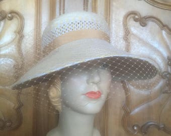 vintage straw hat with netting in beautiful condition like new high end milliner ascot races kentucky derby polo hat