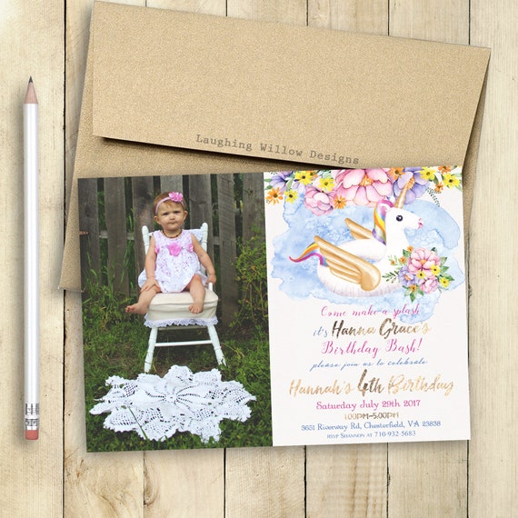Pool Party Invitation With Photo Unicorn Teen Birthday Etsy