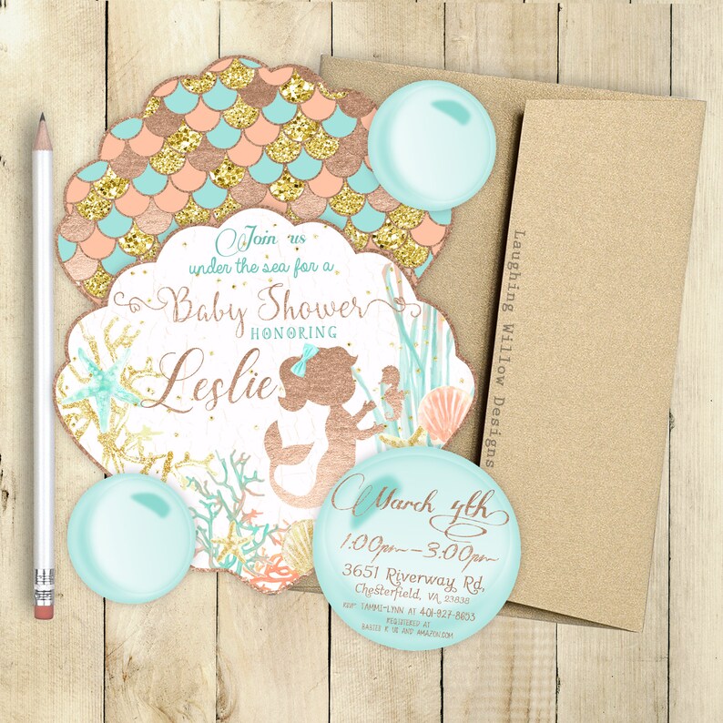 Mermaid Baby Shower Invitation Under The Sea Printable Bubbles S Theme Shabby Chic Sparkles Glitter New