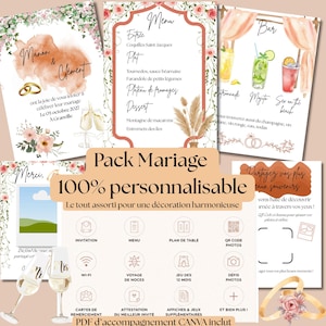 Peut inclure: Un ensemble de papeterie de mariage comprenant une invitation, un menu, une carte de bar et une carte de partage de photos avec des motifs floraux à l'aquarelle, des coupes de champagne et des cocktails. Texte : Pack Mariage 100% personnalisable.
