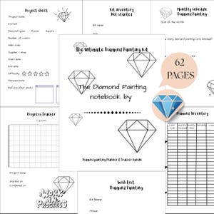 Peut inclure: Un ensemble de planification et de suivi de peinture diamant blanche avec 62 pages. Le cahier comprend des feuilles de projet, un inventaire de kits, un calendrier mensuel et une liste de souhaits. La couverture présente des illustrations de diamants et le texte "The Ultimate Diamond Painting Kit".