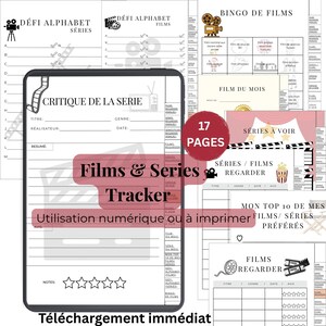 Könnte beinhalten: Ein digitaler Film- und Serien-Tracker mit 17 Seiten. Der Tracker enthält Seiten für Filmkritiken, ein Film-Bingo-Spiel und eine Top-10-Liste. Der Titel "Films & Series Tracker" wird fett dargestellt. Der Text "Téléchargement immédiat" ist ebenfalls sichtbar.