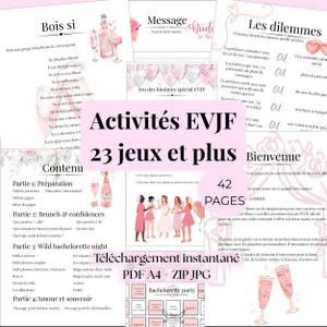 Op de afbeelding: Een digitale download voor een vrijgezellenfeest met 23+ spellen, waaronder 'Bois si' en foto-uitdagingen. Het ontwerp bevat roze champagneglazen, ballonnen en Franse tekst, met 42 pagina's beschikbaar.