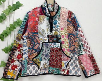 Veste en patchwork de coton pour femme, veste ethnique bohème assortie faite main, manteau en coton de style courtepointe vintage, vêtements d'extérieur durables et slow fashion