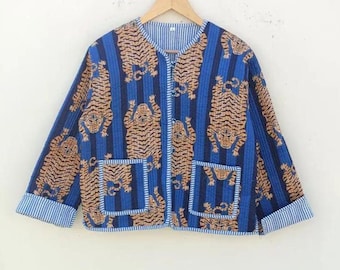 Blue Tiger Print Cotton Jacket for Women – Handmade Indian Quilted Short Jacket, Lightweight Ethnic Layering Wear