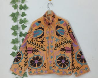 Velvet Floral Embroidered Jacket, Boho Chic Coat, Handmade Indian Winter Fashion, Suzani Embroidery Jacket, Gift for her, Suzani jacket coat