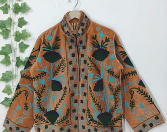 Indian Velvet Suzani Jacket | Luxury Floral Embroidered Boho Coat | Handmade Artisan Outerwear, Premium Boho Fashion Coat, gift for her