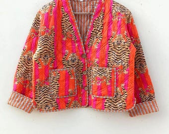 Orange Tiger Print Cotton Jacket for Women – Handmade Indian Quilted Short Jacket, Lightweight Ethnic Layering Wear