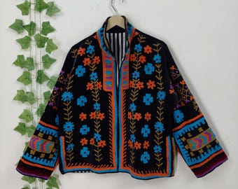 Boho Black Floral Velvet Jacket • Multicolor Embroidered Coat • Handmade Festival Outerwear
