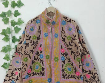 Indian Velvet Suzani Jacket | Luxury Floral Embroidered Boho Coat | Handmade Artisan Outerwear, Premium Boho Fashion Coat, gift for her