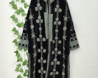 ロングベルベット スザニ刺繍ジャケットコート、ロングコート、ベルベットジャケット、ハンドメイドロングベルベットコート、花柄刺繍ボヘミアンジャケット、エスニックコート