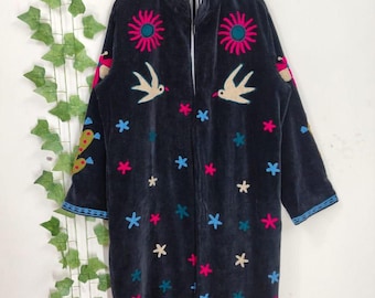 Black Long Coat, Black Velvet Suzani Long Jacket for Women, Hand Embroidered Boho Coat, Vintage Ethnic Handmade Outerwear