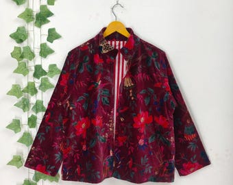 Maroon Bird Print Velvet Jacket – Handmade Animal Pattern Coat for Women, Handmade Velvet Jacket – Tropical Forest & Animal Design Coat
