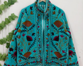 Velvet Suzani Jacket for Women, Hand Embroidered Floral Uzbek Suzani Coat, Boho Ethnic Luxury Velvet Jacket, gift for her