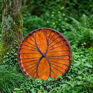 Könnte beinhalten: Eine runde, orangefarbene Trommel mit einem baumartigen Design in der Mitte, vor dem Hintergrund von üppigem grünen Laub und einem Baumstamm. Der Holzrahmen der Trommel und die natürliche Umgebung deuten auf eine Verbindung zur Natur und zur Musik hin.