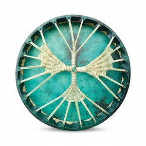 May include: A circular frame drum featuring a vibrant teal drumhead with a mottled texture. The drum is tensioned by light-colored cord lacing that forms a symmetrical, tree-like pattern across the center, secured to a dark green circular frame.