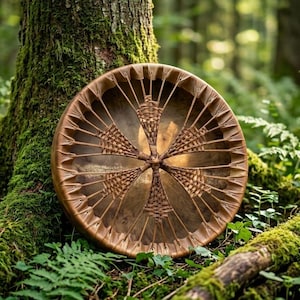 Può includere: Un tamburo rotondo marrone con un disegno intrecciato, appoggiato a un albero coperto di muschio in un ambiente forestale. Il tamburo presenta un motivo centrale a forma di stella e linee radiali. Lo sfondo è sfocato, con felci e alberi.