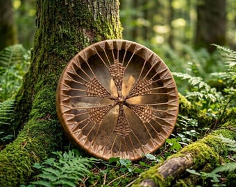 May include: A round, brown drum with a woven design, resting against a moss-covered tree in a forest setting. The drum features a central star-like pattern and radiating lines. The background is blurred, with ferns and trees.