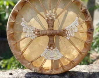 Handmade Shamanic Frame Drum 12–20 Inch – Natural Buffalo Hide Drum, Deep Healing Sound, Ritual Meditation Drum with Native America Wings