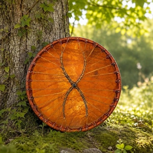 May include: A circular frame drum with a translucent, amber-colored skin stretched over a wooden hoop. The drumhead features a central dark stone accent with two curved, textured wooden branches extending outward, secured by thin lacing.