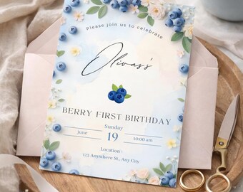 Invitación de primer cumpleaños con arándanos, invitación de primer cumpleaños con bayas, plantilla de Canva para el primer cumpleaños, invitación editable para fiesta de arándanos
