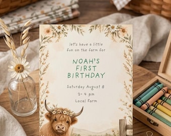 Plantilla de invitación de cumpleaños con temática de vaca de las Tierras Altas, editable en Canva, invitación para fiesta de cumpleaños con animales de granja, invitación rústica para fiesta de vacas.