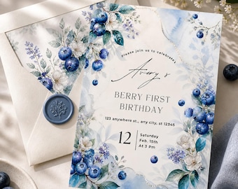 Plantilla de invitación de primer cumpleaños con arándanos, invitación de primer cumpleaños para niño con temática de bayas, invitación para fiesta de primer cumpleaños con temática azul.