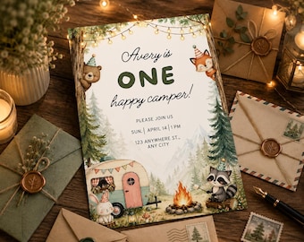 One Happy Camper First Birthday Invitation Template, Boy Camping Birthday Party Invite, Woodland Bear Camper Evite, Editable Canva