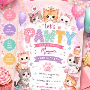 Puede incluir: Una invitación de cumpleaños rosa y morada con gatitos de dibujos animados. La invitación dice "Let's Pawty" e incluye detalles para una fiesta que celebra el cumpleaños de Margarita. El diseño presenta globos, cupcakes y cajas de regalo.