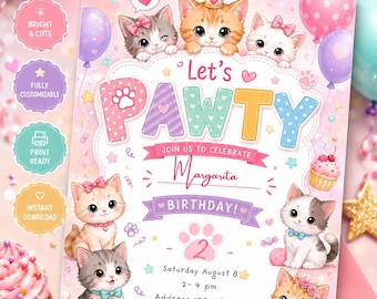 Kitten Birthday Invitation Template Editable in Canva, Pink Neon Cat Party Invite, Let’s Pawty Birthday Invitation for Girls, Kitty Party