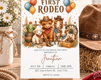 Invitación de cumpleaños con temática de rodeo / Invitación de primer cumpleaños con temática vaquera / Fiesta de cumpleaños para niño con temática del oeste / Plantilla editable de Canva / Descarga digital