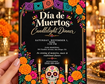 Day of the Dead Invitation, Día de Muertos Candlelight Dinner Invite, Marigold Sugar Skull Fiesta, Editable Canva Template