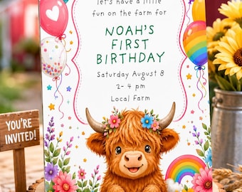 Highland Cow Birthday Invitation Canva Editable | Rustic Farm Animal Party Invite | Farm Barnyard Kids Birthday Invitation Template
