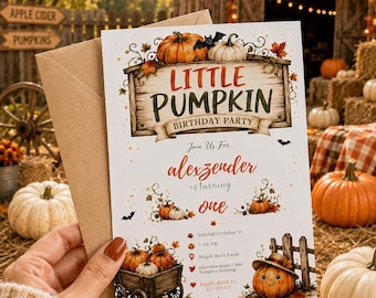 Invitación de cumpleaños con temática de calabazas, invitación para el primer cumpleaños de la pequeña calabaza, invitación de cumpleaños de otoño, plantilla editable de Canva, descarga instantánea.