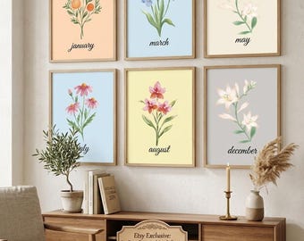 12 Months Birth Flower Prints Set | Pastel Botanical Wall Art | Aesthetic Floral Digital Download | Nursery Printables