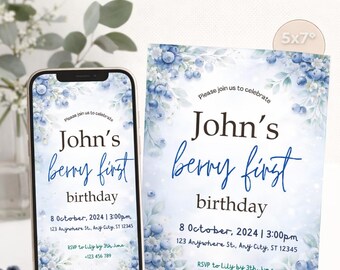 Blueberry First Birthday Invitation, Berry 1st Birthday Party Invite, Blue Birthday Invitation, Boy 1st Birthday, Editable Canva Template