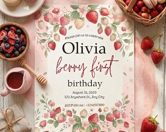 Berry First Birthday Invitation, Blueberry Party Invite Template, Instant Canva Download