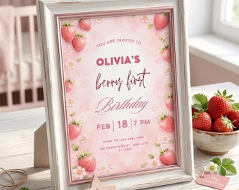 Berry First Birthday Invitation, Berry 1st Birthday Party Invite, Strawberry Birthday Invitation, Editable Canva Template