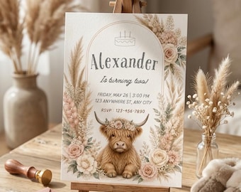 Highland Cow Birthday Invitation Template Editable in Canva, Boho Farm Birthday Invite, Floral Highland Cow Party Invitation