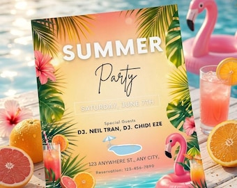 Summer Bash Party Invitation Template | Editable Canva Summer Invite | Pool Party Evite | BBQ Cookout Invitation