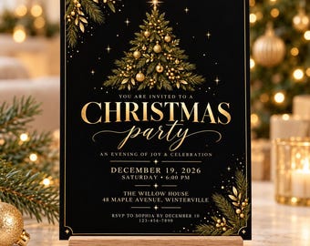 Christmas Party Invitation, Elegant Black Gold Holiday Invite, Luxury Winter Cocktail Dinner Party, Editable Canva Template