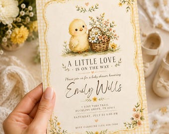 Duck Baby Shower Invitation, Yellow Gingham Baby Shower Invite, Cute Duckling Party Template, Editable Canva Invitation
