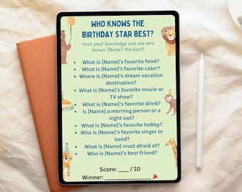 Plantilla de juego para fiesta de cumpleaños con temática de safari en Canva / ¿Quién conoce mejor al cumpleañero/a con temática de animales de la selva? / Actividad de juego imprimible para cumpleaños infantiles